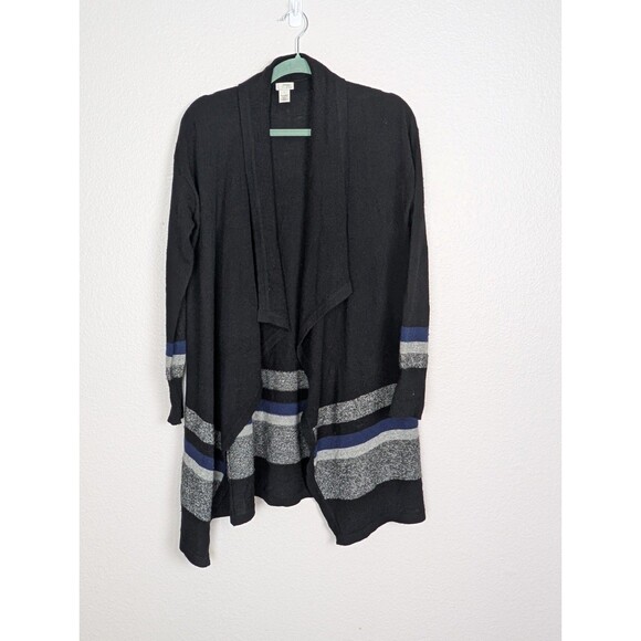 Halogen 100% cashmere long line open cardigan Sweater black striped women S 223 - Picture 1 of 7